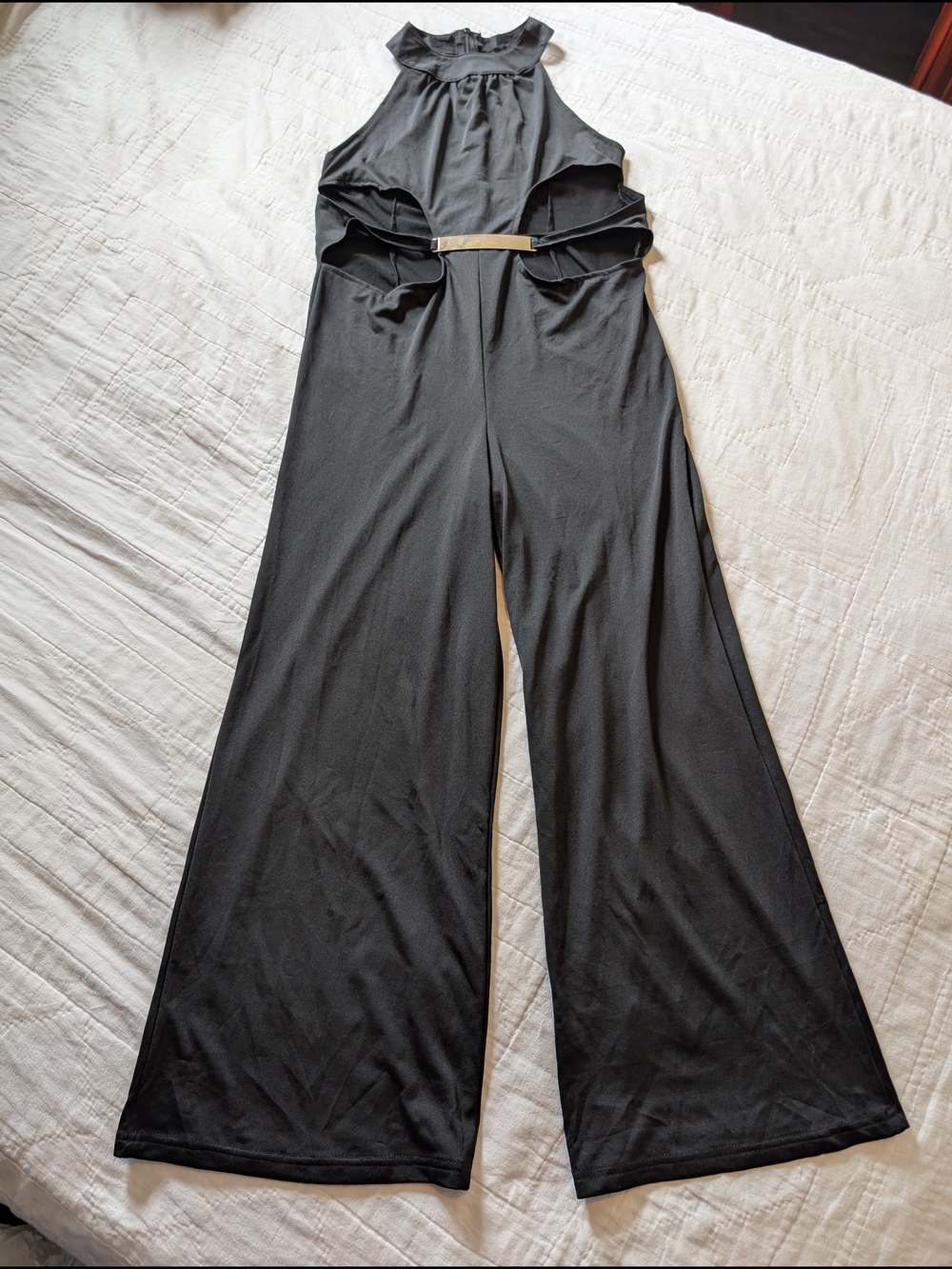 Black Cutout Wide-Leg Jumpsuit with Metallic Accent